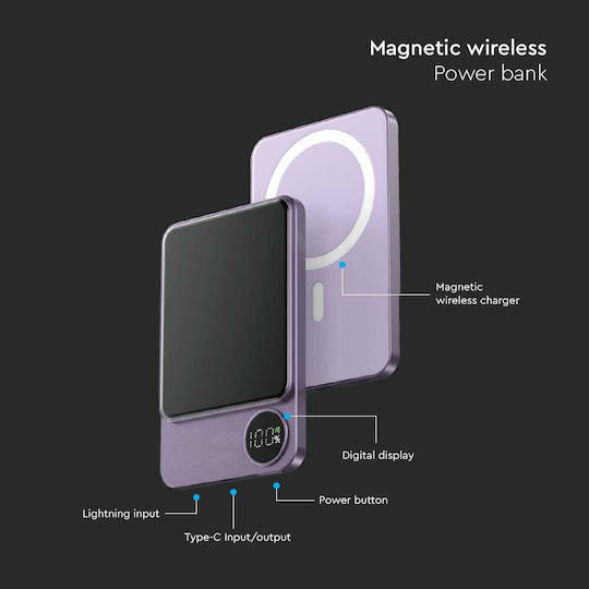 V-TAC MagSafe Power Bank 5000mAh 20W mit USB-C Anschluss Purple