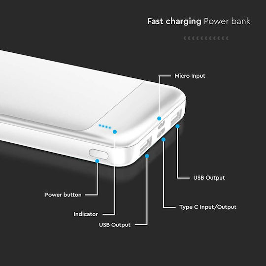 V-TAC Power Bank 10000mAh με Θύρα USB-A και Θύρα USB-C Λευκό