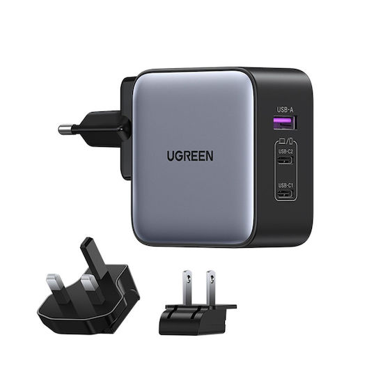 Ugreen Charger Without Cable GaN with USB-A Port and 2 USB-C Ports 65W Gray (Worldwide Travel)