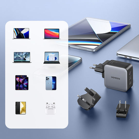 Ugreen Charger Without Cable GaN with USB-A Port and 2 USB-C Ports 65W Gray (Worldwide Travel)
