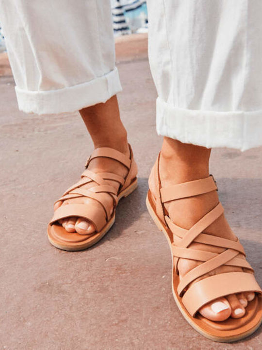 Sephina Leather Women's Flat Sandals with Strap Sandy Beige