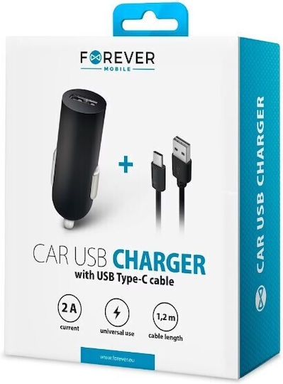 Forever Car charger 2A & Type-C Cable Black Încărcător Auto 2A cu un Port: 1xUSB împreună cu Cablu Type-C Negru Culoare
