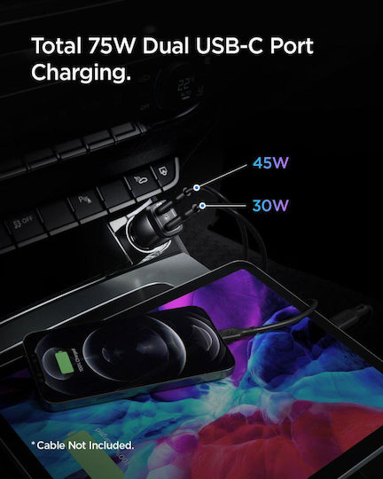 Spigen Φορτιστής Αυτοκινήτου PC2200 Arcstation 75W Γρήγορης Φόρτισης με Θύρες: 2xType-C Μαύρος