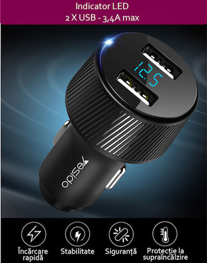 Yesido Y31 Car Charger 18W 3A with Ports 2xUSB-A Black Color