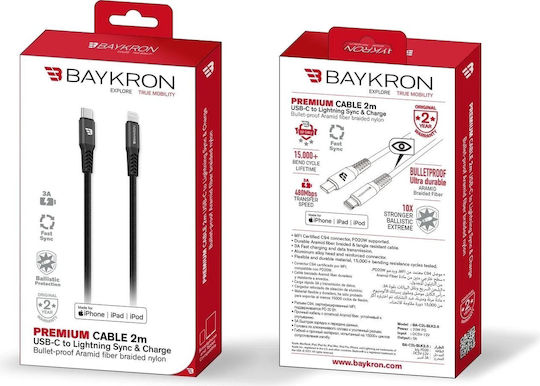 Baykron Braided USB-C to Lightning Cable Μαύρο 2m (BA-C2L-BLK2.0)