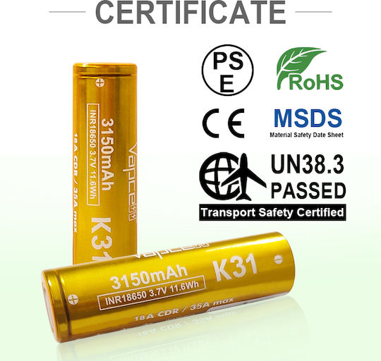 Vapcell K31 Rechargable Battery 18650 Li-ion 3150mAh 3.7V 1pcs