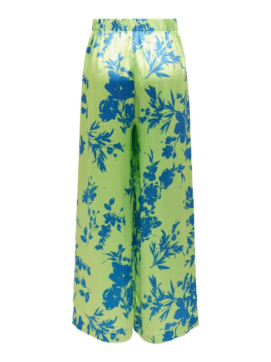 Only Women's Satin Trousers with Elastic Floral Summer Green