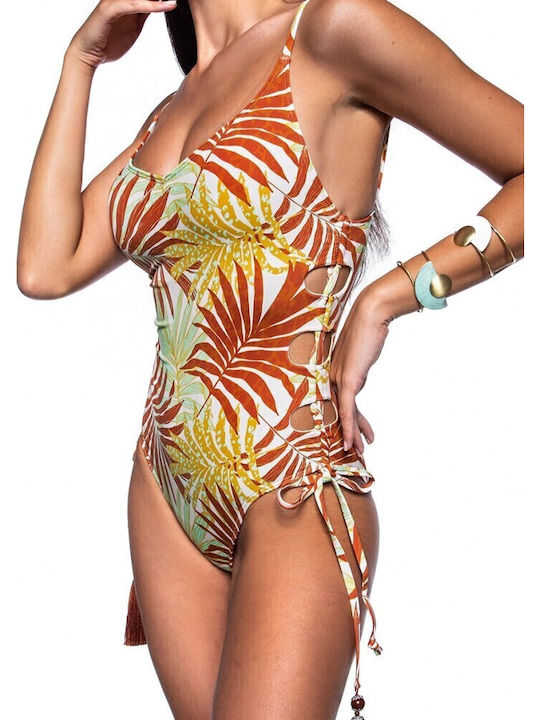 One-Piece Swimsuit with Padding Floral Beige