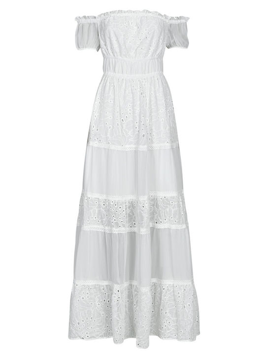 Zena Summer Maxi Dress for Wedding Christening Off-Shoulder with Lace White