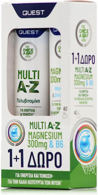 Quest Multivitamins Multi A-Z 20 effervescent tablets & Magnesium 300mg & B6 20 effervescent tablets for Energy & Immune System Boost