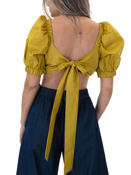 Moutaki Women's Summer Crop Top Cotton Short Sleeve Yellow