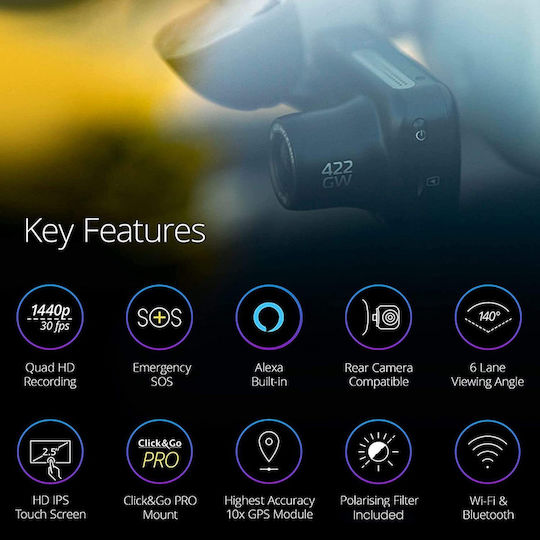 NextBase 422GW 1440P Windshield Car DVR, 2.5" Display with Adhesive Tape