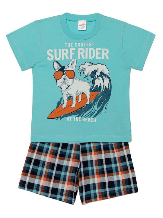 Minerva Kinder Schlafanzug Sommer Baumwolle Türkis Dog Surfer