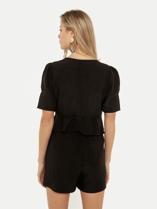 Toi&Moi Summer Women's Blouse Short Sleeve with V Neckline Black