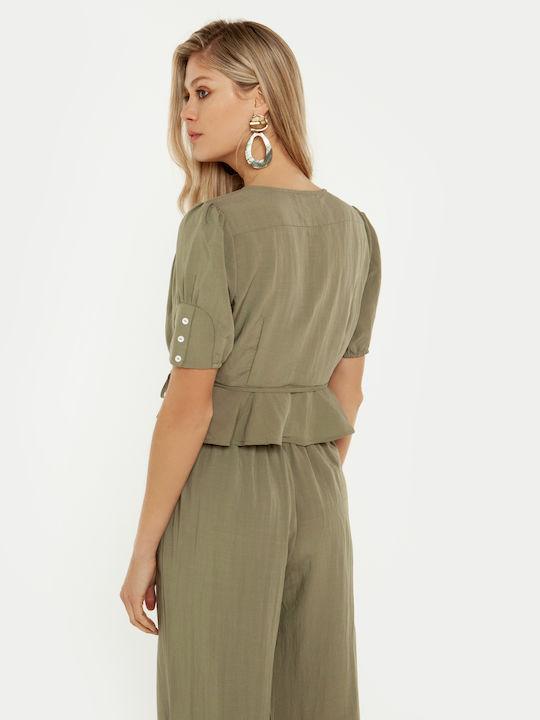 Toi&Moi Sommerlich Damen Bluse Kurzärmelig mit V-Ausschnitt Khaki