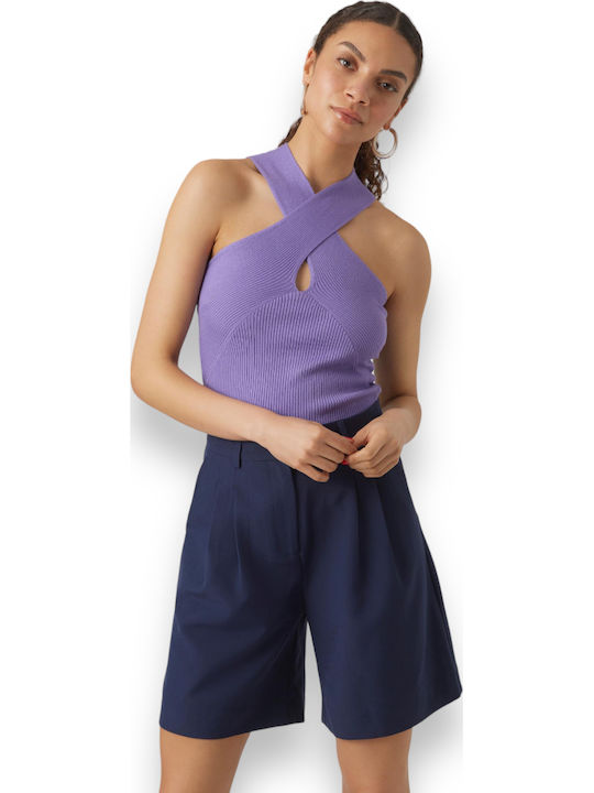 Damen Sommer Bluse Ärmellos mit V-Ausschnitt Flieder