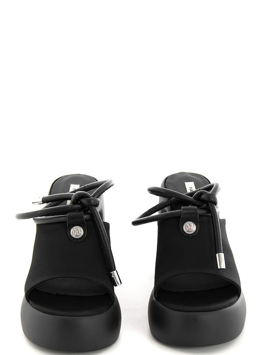 Karl Lagerfeld Platform Leather Women's Sandals with Laces Black with Chunky High Heel