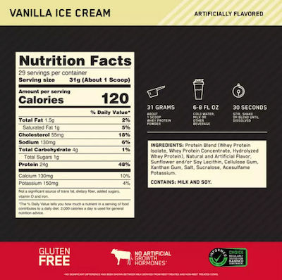 Optimum Nutrition Gold Standard 100% Whey Πρωτεΐνη Ορού Γάλακτος με Γεύση Vanilla Ice Cream 30gr