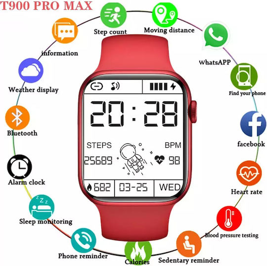 T900 Pro Max Smartwatch with Heart Rate Monitor (Red)