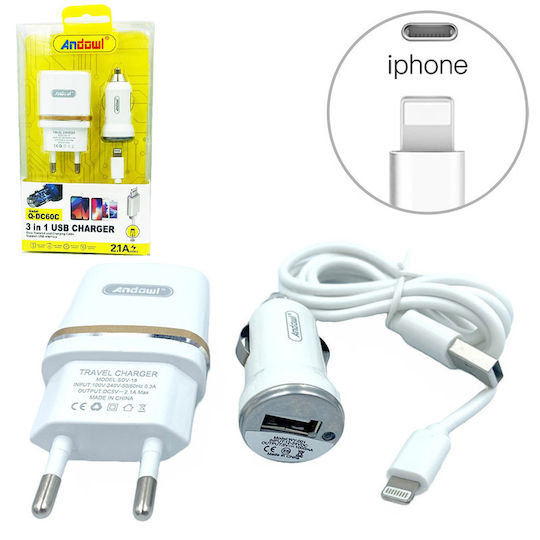 Andowl Car and Wall Set with USB-A Port and Cable Lightning Whites (Q-DC60C)