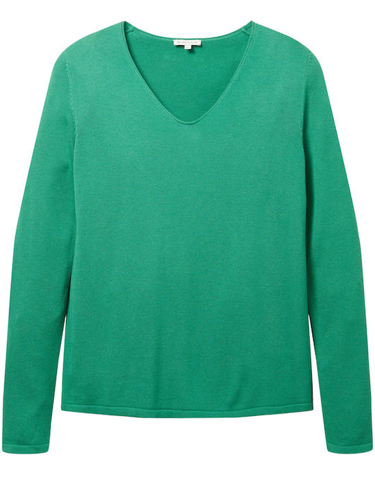 Basic Women's Long Sleeve Sweater Cotton with V Neckline Vivid Leaf Green