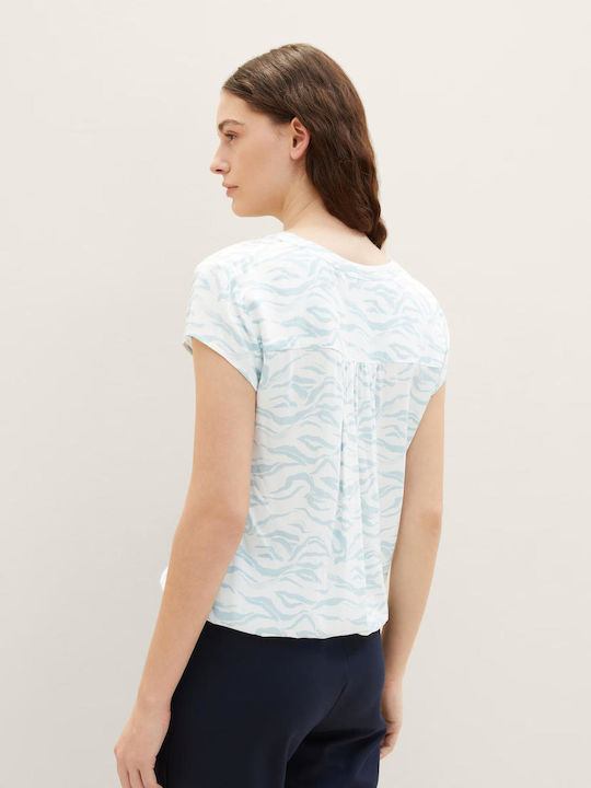 Tom Tailor Bluza de Damă de Vară Mâneci scurte cu Decolteu în V Blue Small Wavy Design