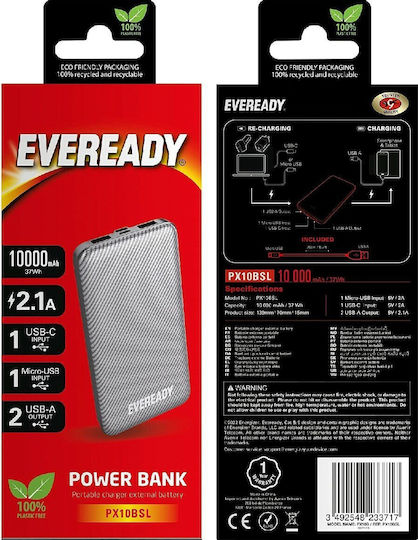 Energizer Slim Power Bank 10000mAh cu 2 Porturi USB-A Argintiu