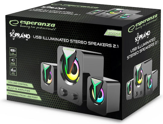 Esperanza EGS107 Ηχεία Υπολογιστή 2.1 με RGB Φωτισμό και Ισχύ 5W Μαύρα
