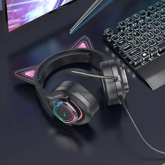 Hoco W107 Надушници Геймърски слушалки с връзка 3,5 мм / USB Pink LED
