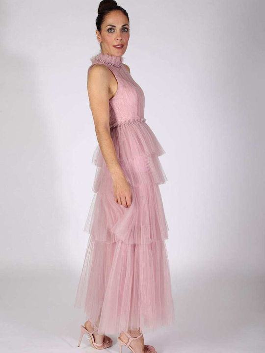 GREEN long pink dress with closed neck 9218