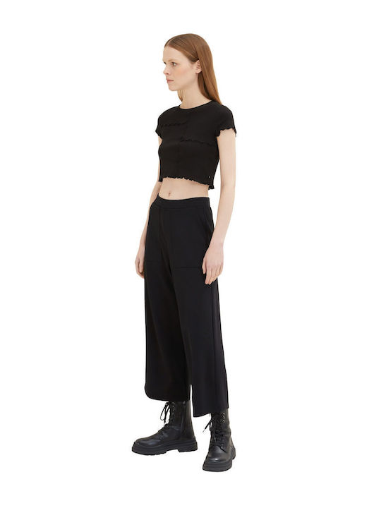 Women's Fabric Capri Trousers with Elastic Black