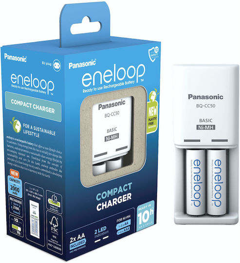 Panasonic Eneloop Compact BQ-CC50 Încărcător 2 Baterii Ni-MH Dimensiune AA Set cu 2x AA 2000mAh în culoarea Alb