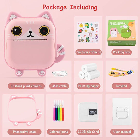 M2 Cute Kitty Cameră Foto pentru Copii 48MP cu Imprimare Termică Roz