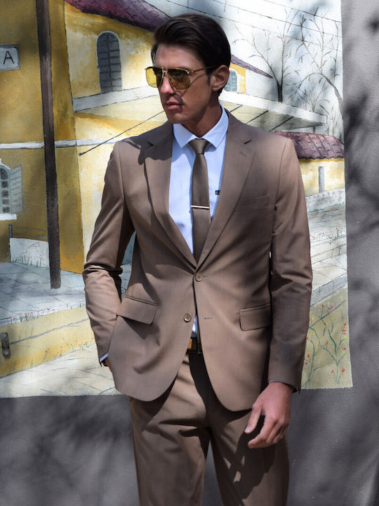 Men's suit in slim fit, by a Greek company, in brown color (code J054)