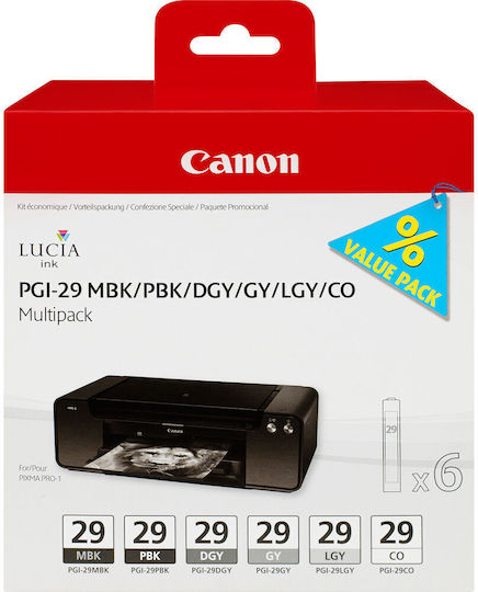 Canon PGI-29 Original Pack of 6 InkJet Printer Inks Matte Black / Photo Black / Light Gray / Gray / Chroma Optimizer (4868B018)