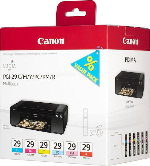 Canon PGI-29 Оригинален Пакет от 6 мастила за мастиленоструен принтер Матово черно / Черна снимка / Светло сиво / Сив / Оптимизатор на цветовете (4868B018)
