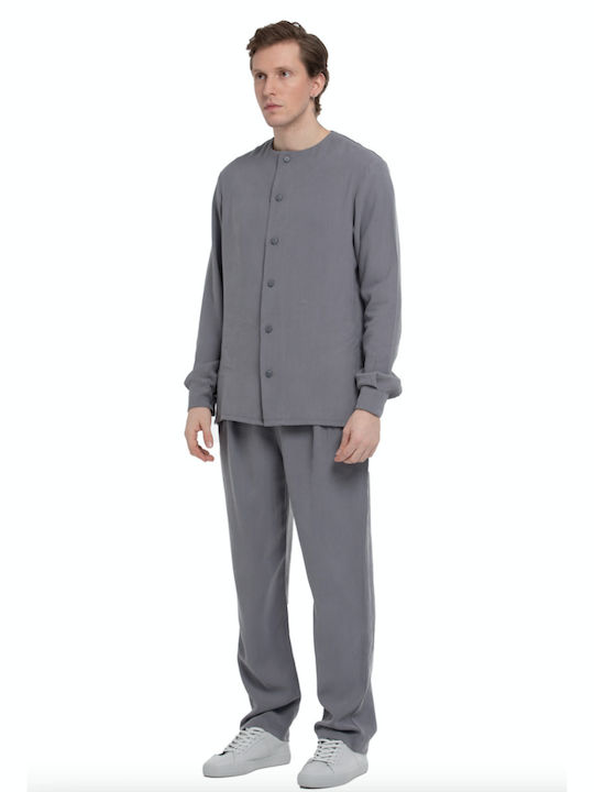 NÉ EN AOÛT Viscose Fabric Shirt No Collar And Back Pleats In Grey | Grey Shirt