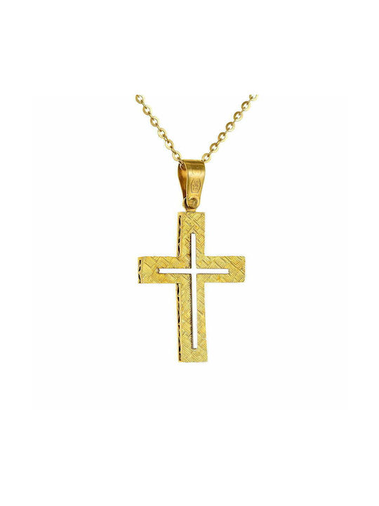 Double-Sided Women's Cross Pendant with 40cm Chain 14K Gold Double-Sided with White Gold Details & White Zircon Stones MFS-21229Y