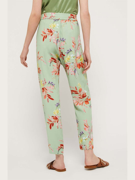 Pennyblack 11310723 Women's High-waisted Fabric Capri Trousers with Elastic Floral Green 11310723-001