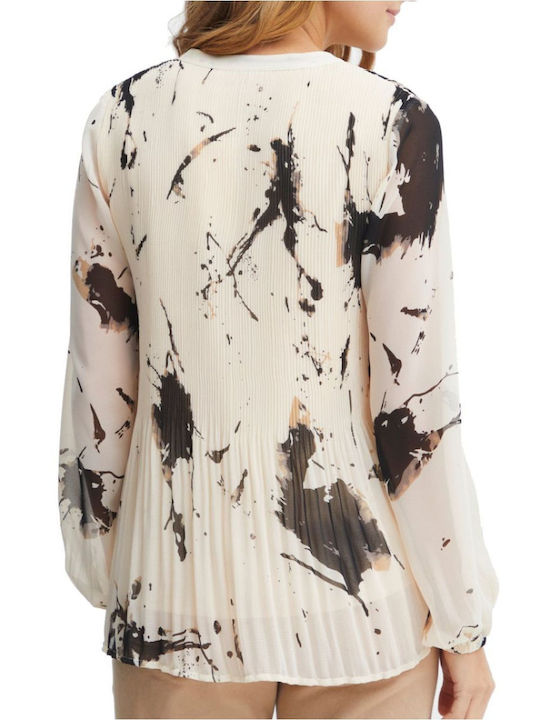 FRANSA Γυναικείο εκρού μακρυμάνικο πλισέ πουκάμισο μάο 20612040-200739