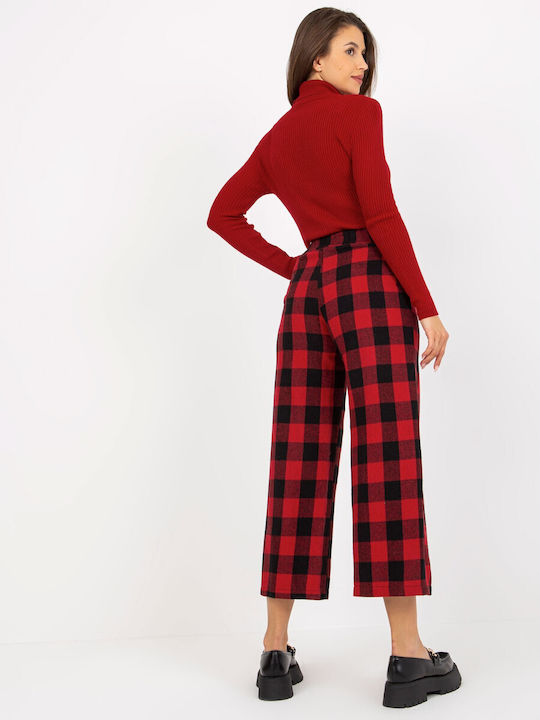 Lakerta Women's High-waisted Fabric Capri Trousers with Elastic in Wide Line Checked Red