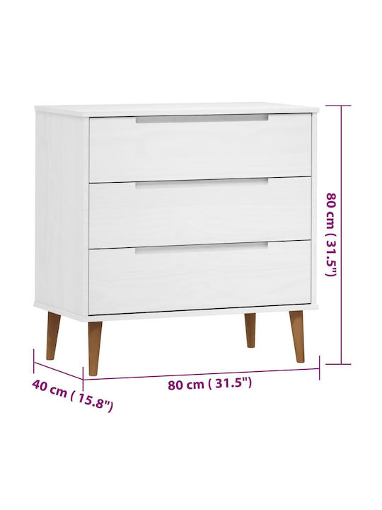Chest of Drawers of Solid Wood with 3 Drawers White 80x40x80cm