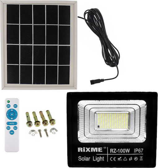 Rixme Στεγανός Ηλιακός Προβολέας LED 100W Ψυχρό Λευκό 6000K με Τηλεχειριστήριο IP67