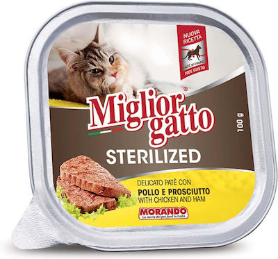 Morando Miglior Gatto Sterilised Nasses Katzenfutter für Katze in Tablett mit Schinken und Huhn 100gr