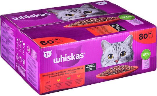 Whiskas Classic Meals in Sauce Wet Food for Adult Cats in Pouches with Beef 80x85gr