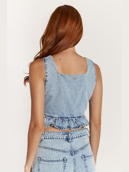 Edward Jeans pentru Femei de Vară Crop Top fără Mâneci Monocrom Light Blue Denim