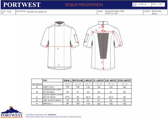 Portwest Chef Jacket Male Black with Short Sleeve