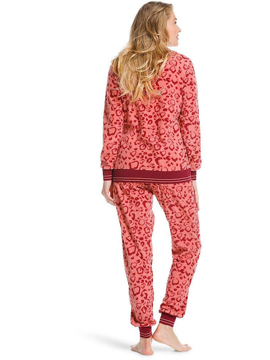 Rebelle Fleece-Pyjama für Damen mit Leopardenmuster in Rosa mit Bordeaux-Tönen