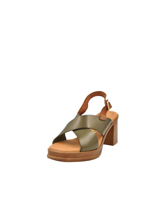 Women's leather sandals with thick low heel in green VANESSA-SS23-15