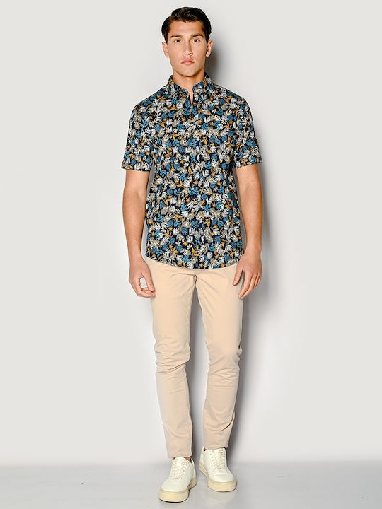 Short-sleeved Cotton Shirt Floral Blue